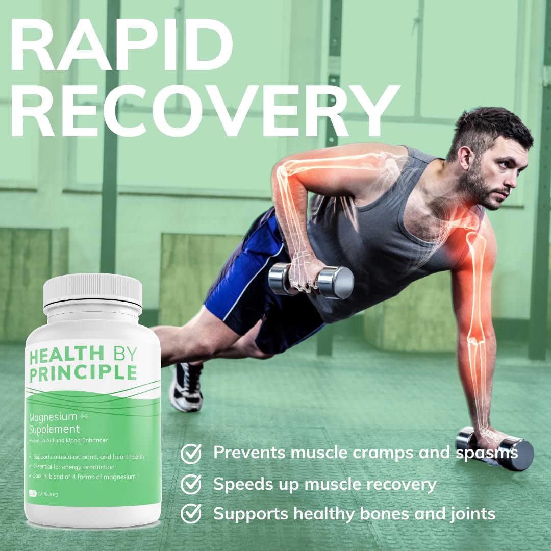 HEALTH BY PRINCIPLE Magnesium Complex capsules on a wooden table
