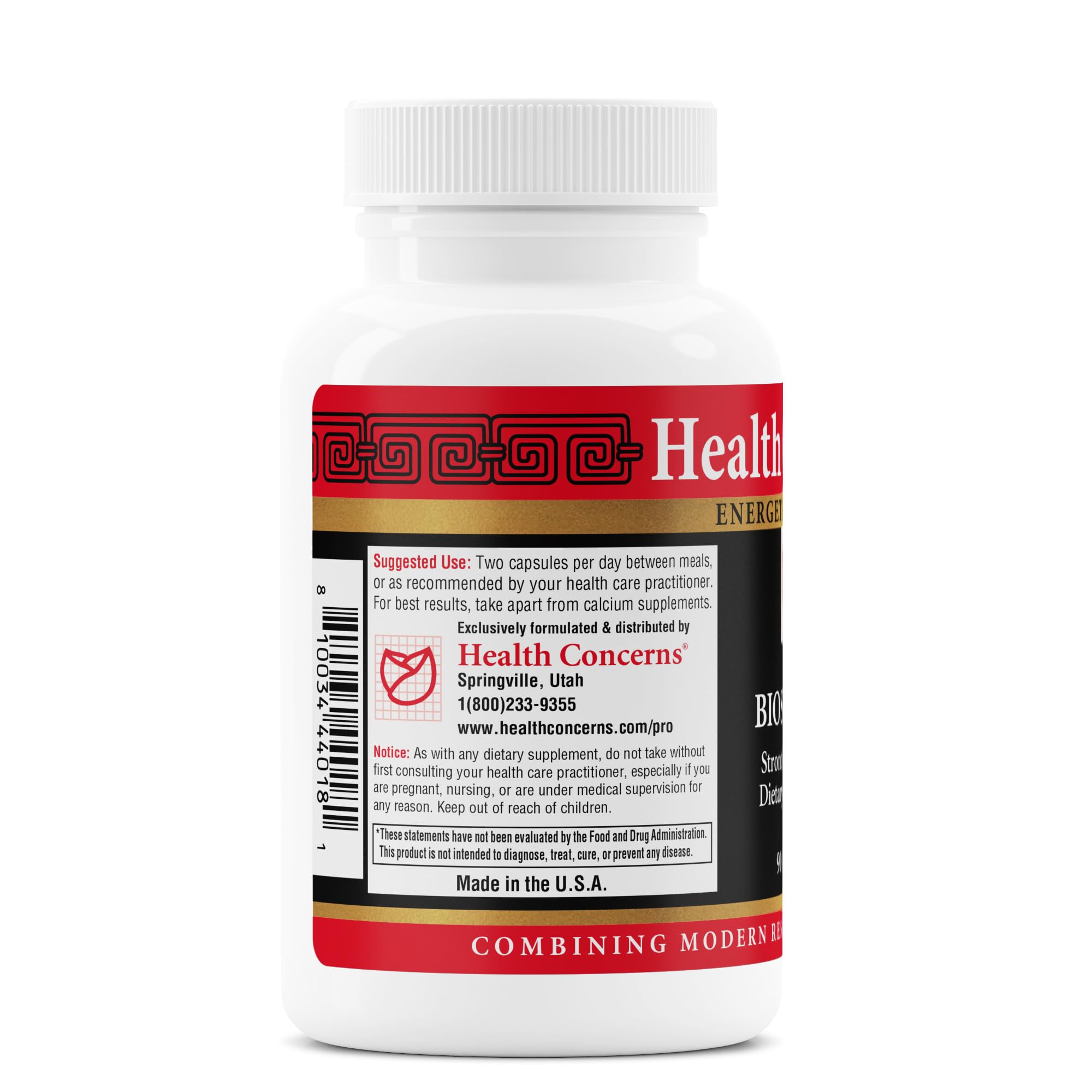 Health Concerns BioStrong bottle with capsules on a wooden surface