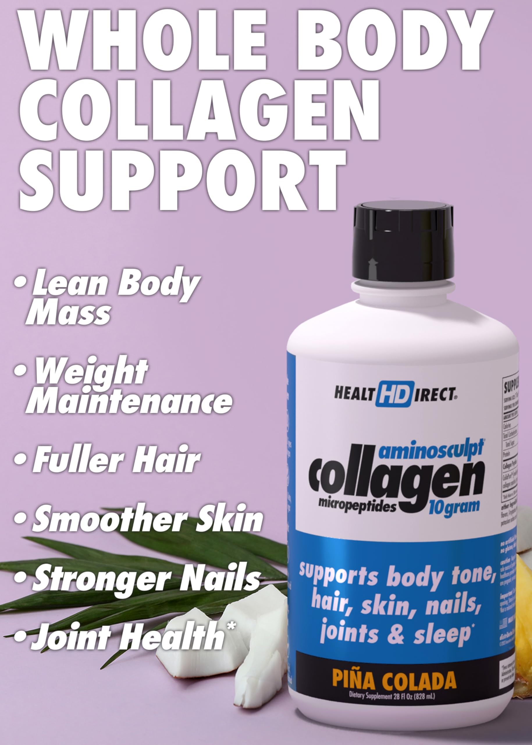 HEALTH DIRECT AminoSculpt Liquid Collagen 28oz Piña Colada bottle side view