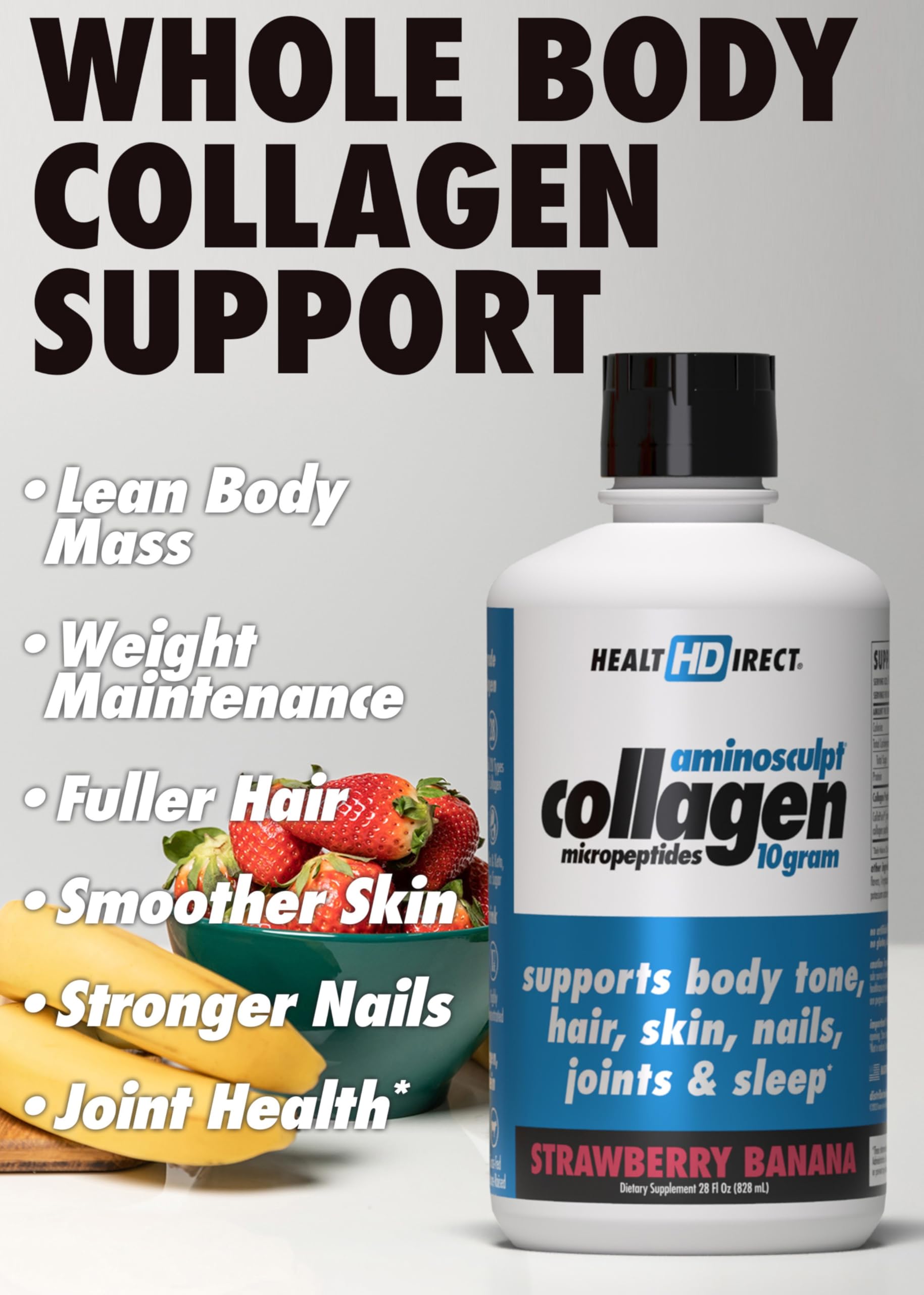 HEALTH DIRECT AminoSculpt Liquid Collagen 28oz Strawberry Banana bottle side view
