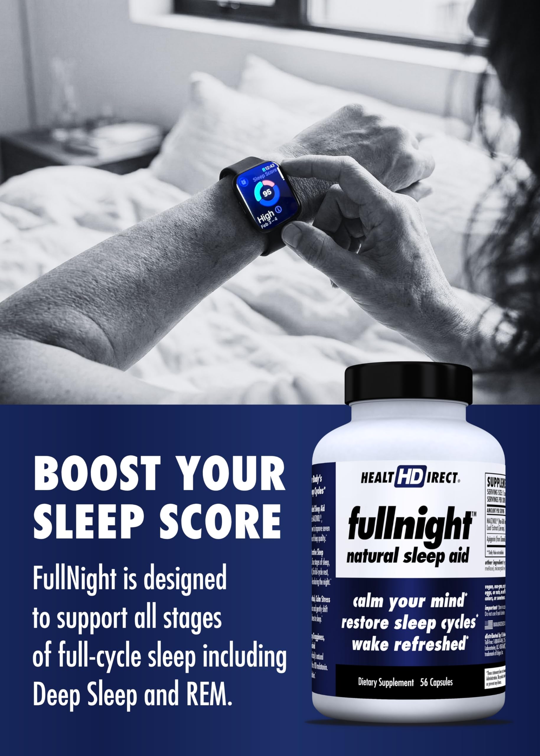 HEALTH DIRECT FullNight capsules on a wooden surface