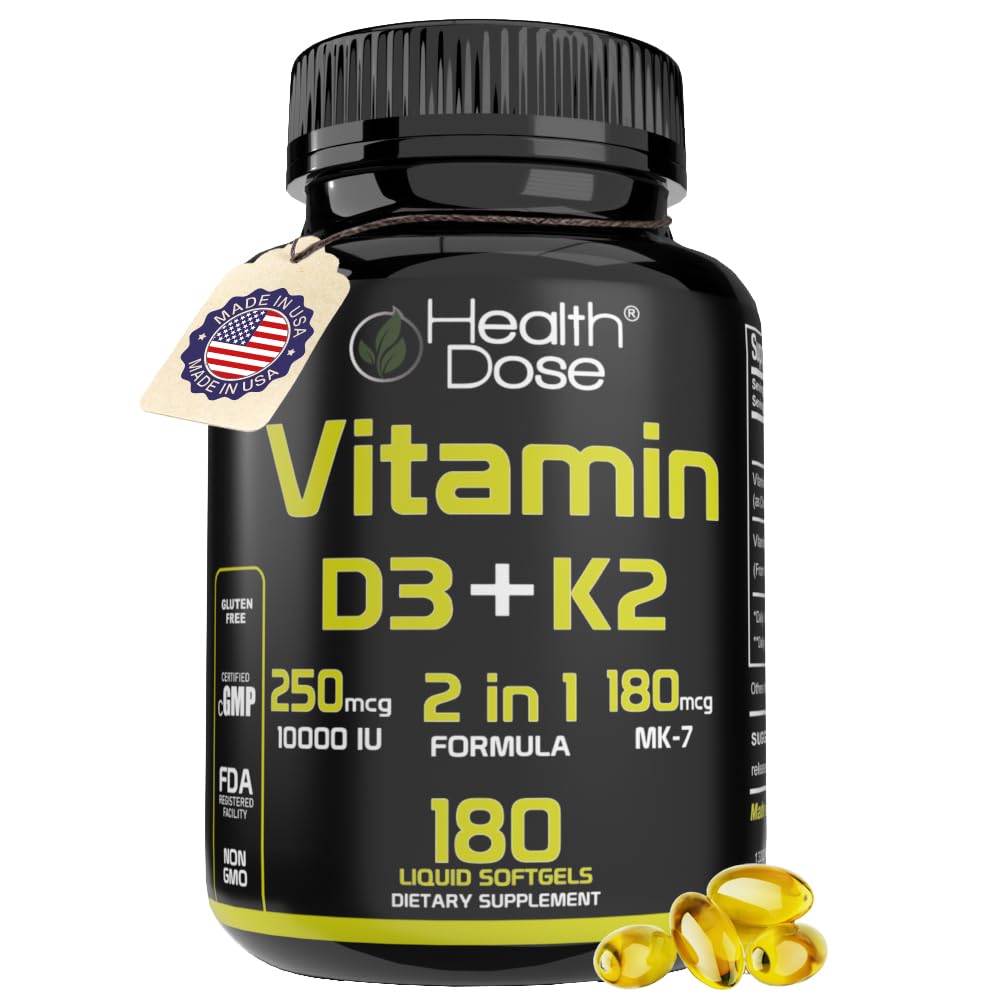 Health Dose Vitamin D3 & K2 Softgels front view with packaging