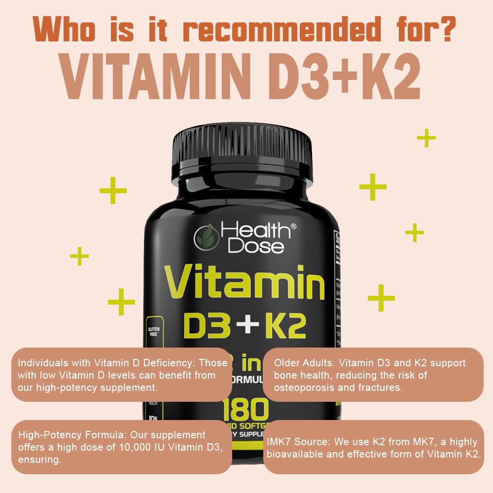 Health Dose Vitamin D3 & K2 Softgels packaging on a wooden table