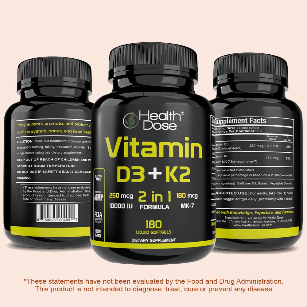 Health Dose Vitamin D3 & K2 Softgels with a glass of water