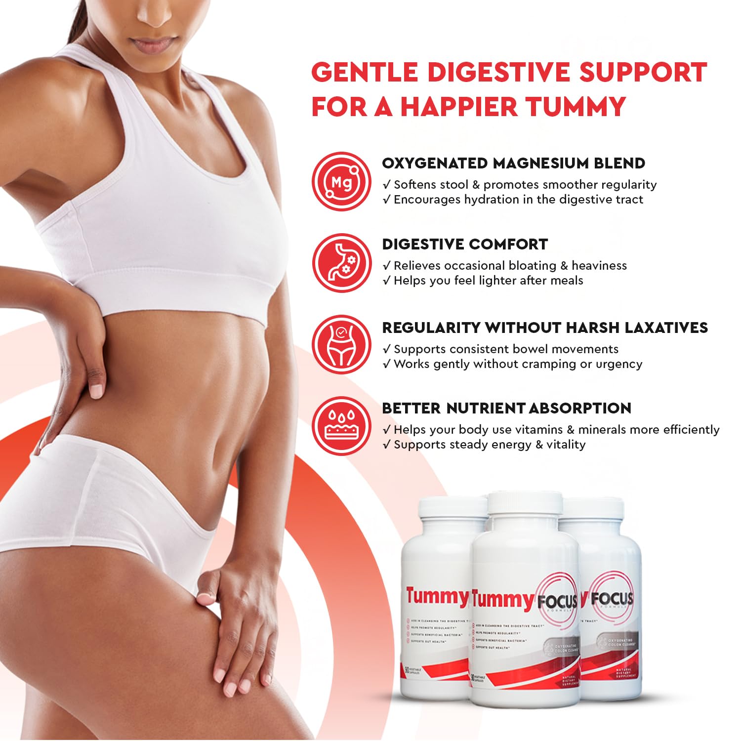 Health Focused Tummy Focus supplement capsules on a wooden surface