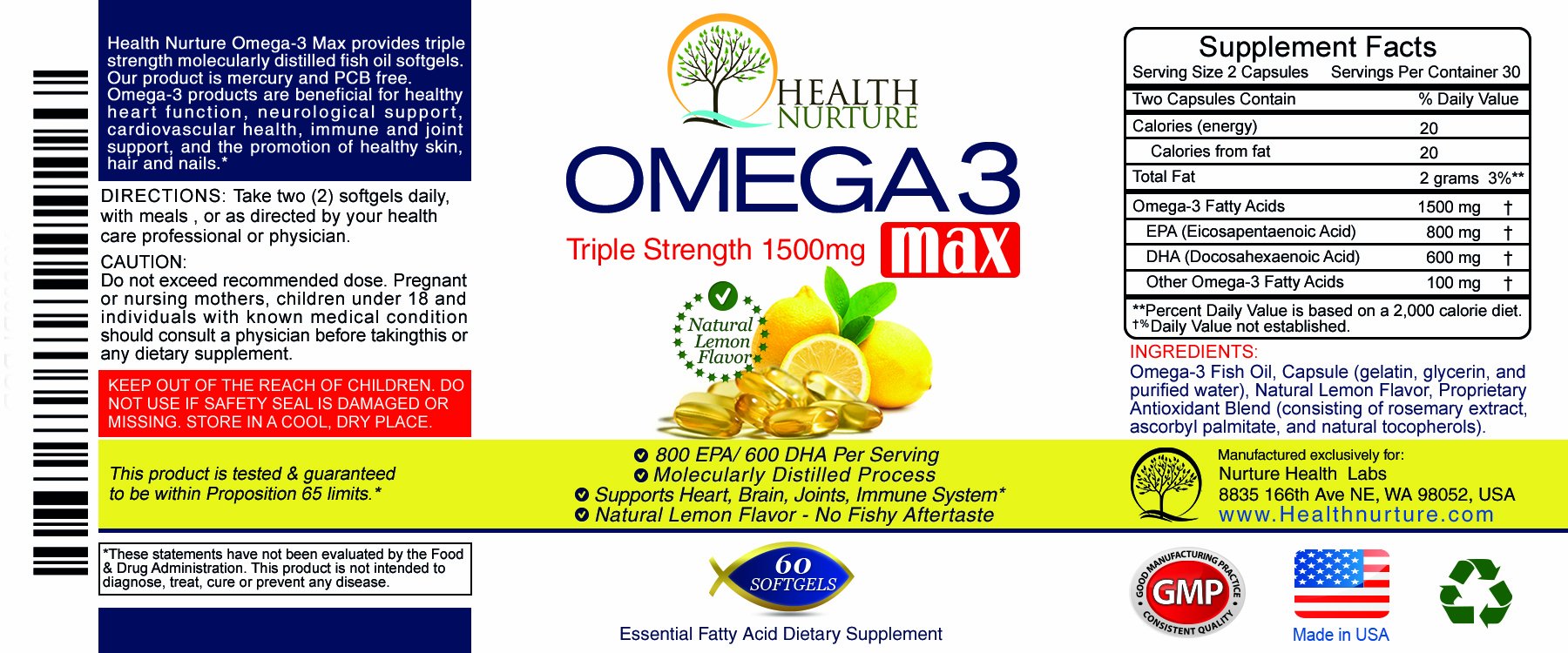 Health Nurture Omega 3 Max Fish Oil 1500mg capsules in a hand