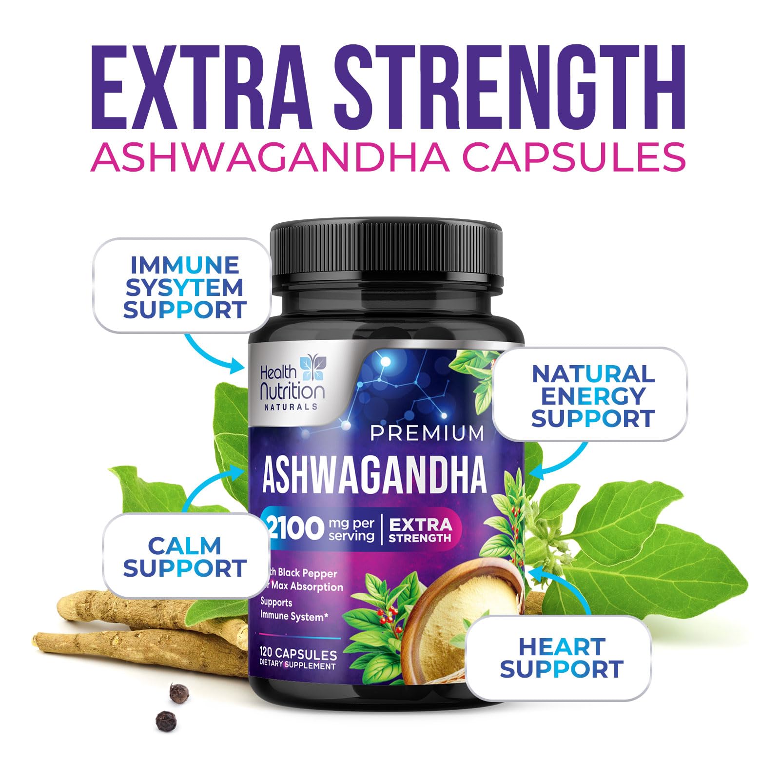 Health Nutrition Naturals Ashwagandha Extra Strength Capsules close-up of ingredients