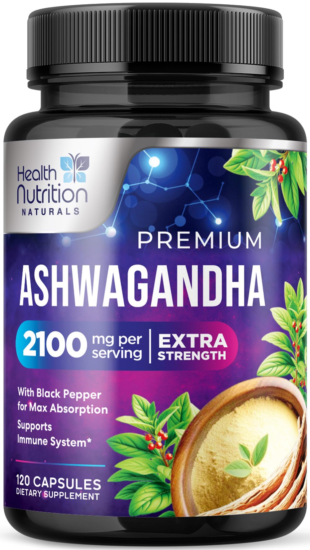 Health Nutrition Naturals Ashwagandha Extra Strength Capsules front view