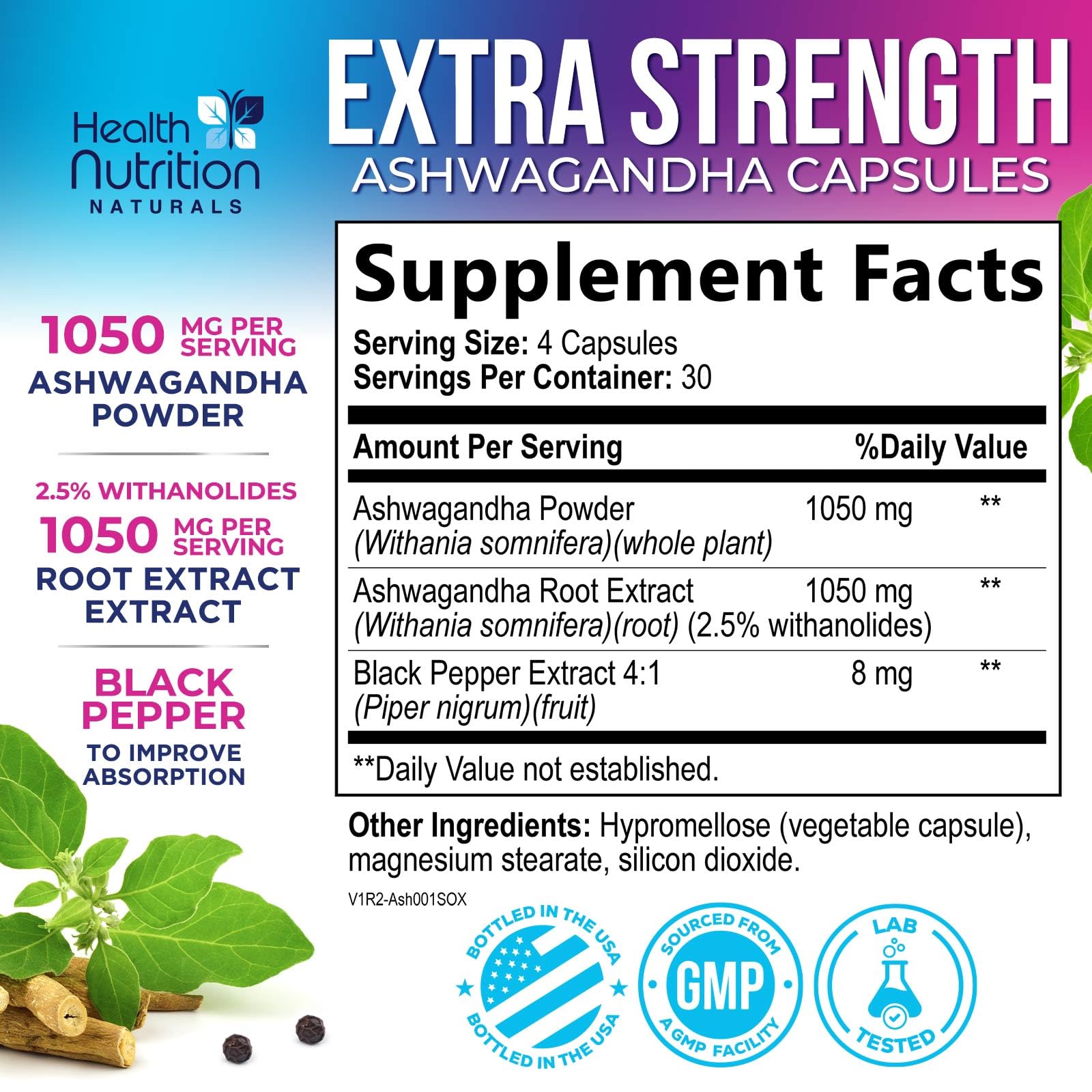Health Nutrition Naturals Ashwagandha Extra Strength Capsules side view