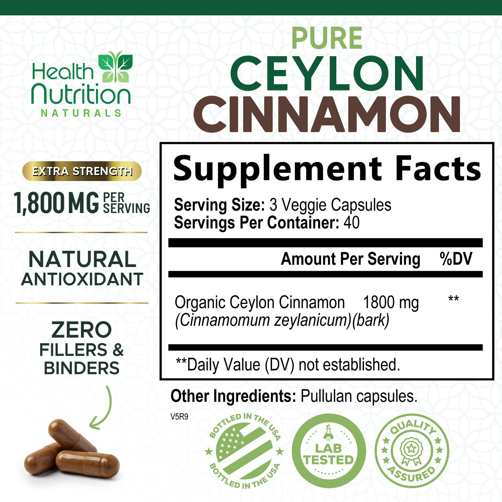 Health Nutrition Naturals Ceylon Cinnamon Capsules bottle with label