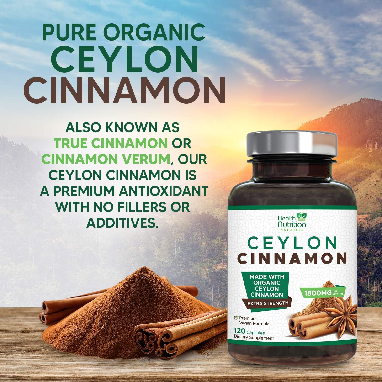 Health Nutrition Naturals Ceylon Cinnamon Capsules close-up of the capsules