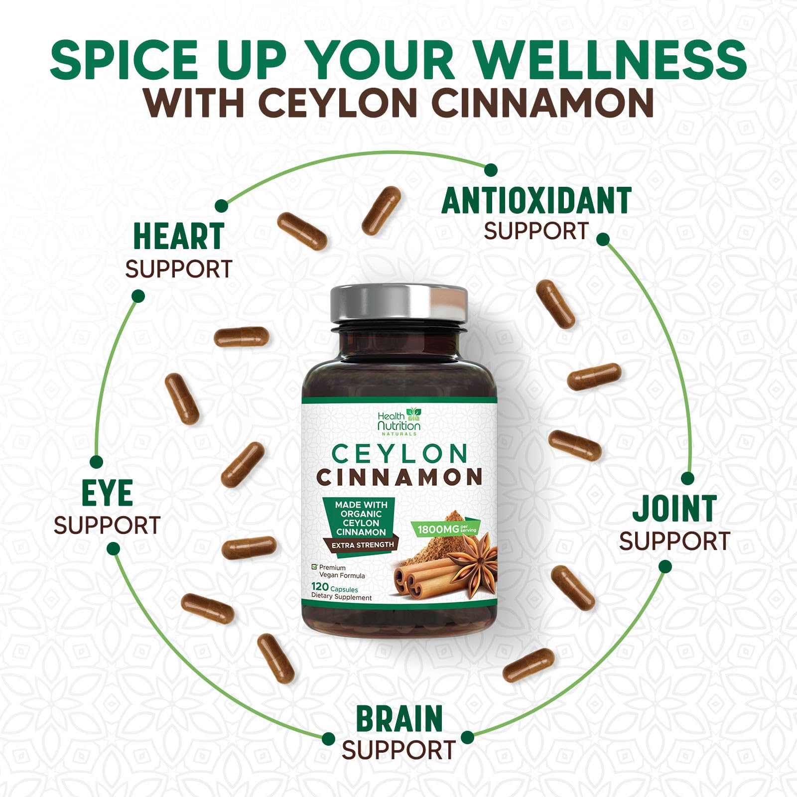 Health Nutrition Naturals Ceylon Cinnamon Capsules with measuring spoon