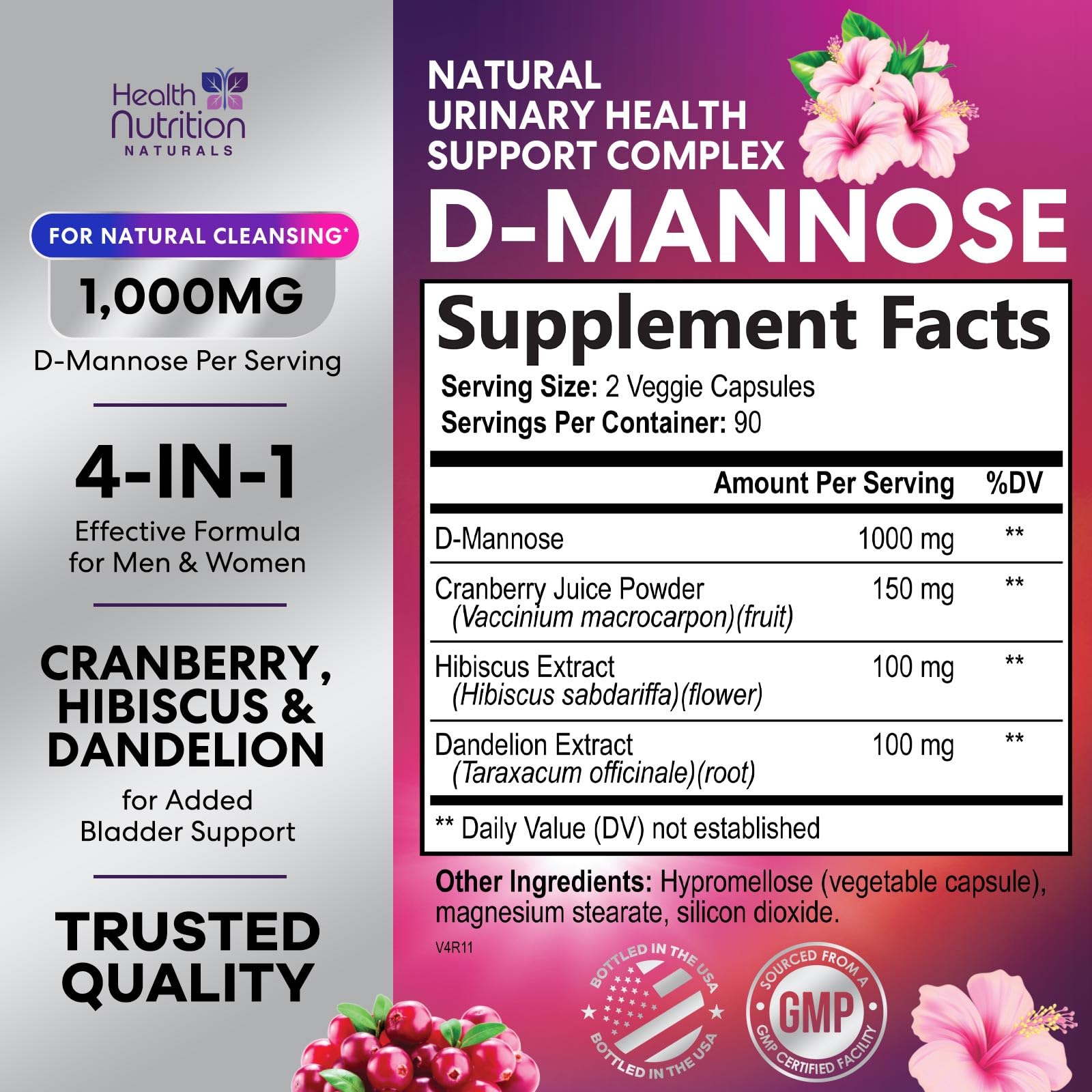 Health Nutrition Naturals Cranberry D-Mannose 1000mg supplement bottle side view