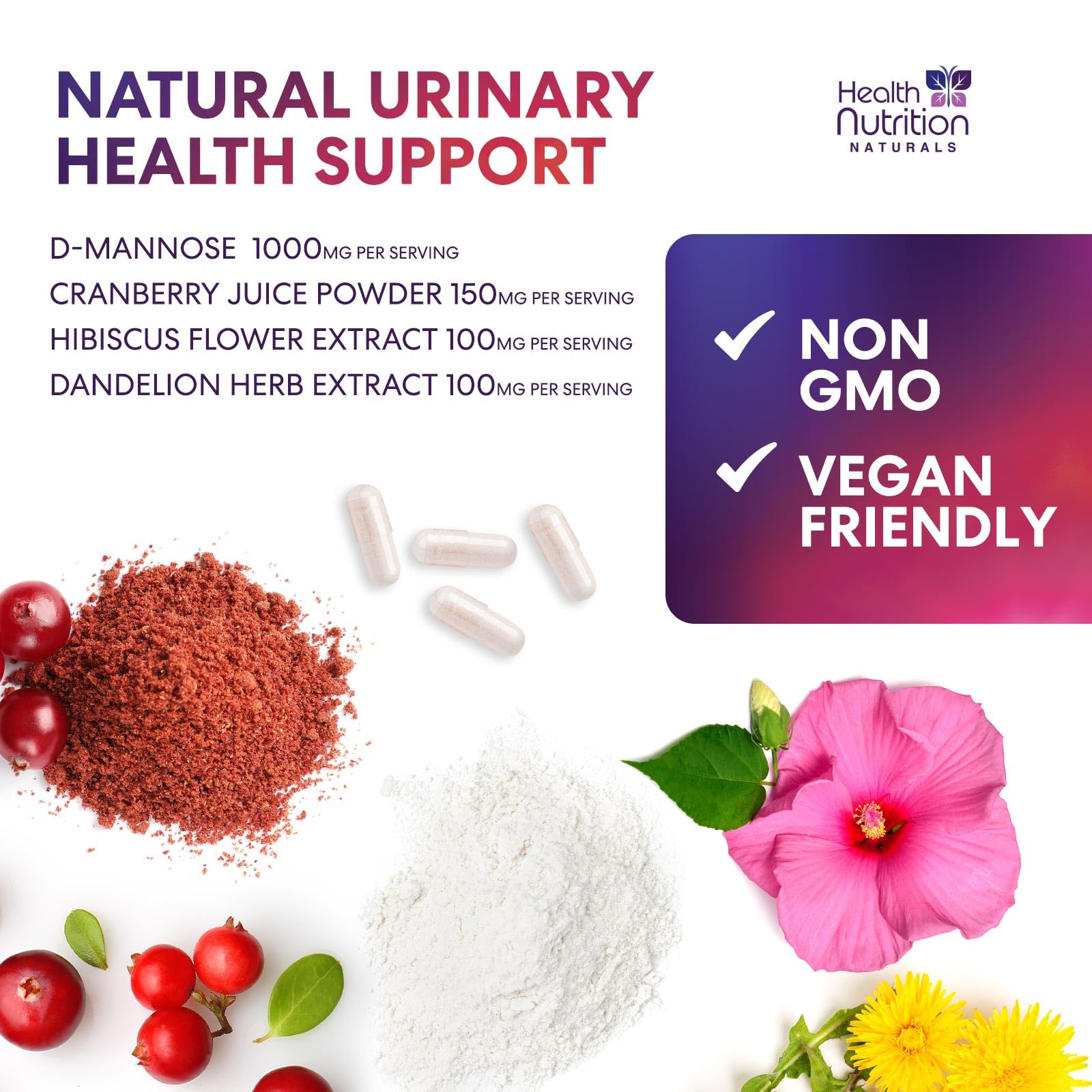 Health Nutrition Naturals Cranberry D-Mannose 1000mg supplement bottle on a wooden table