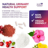 Health Nutrition Naturals Cranberry D-Mannose 1000mg supplement bottle on a wooden table