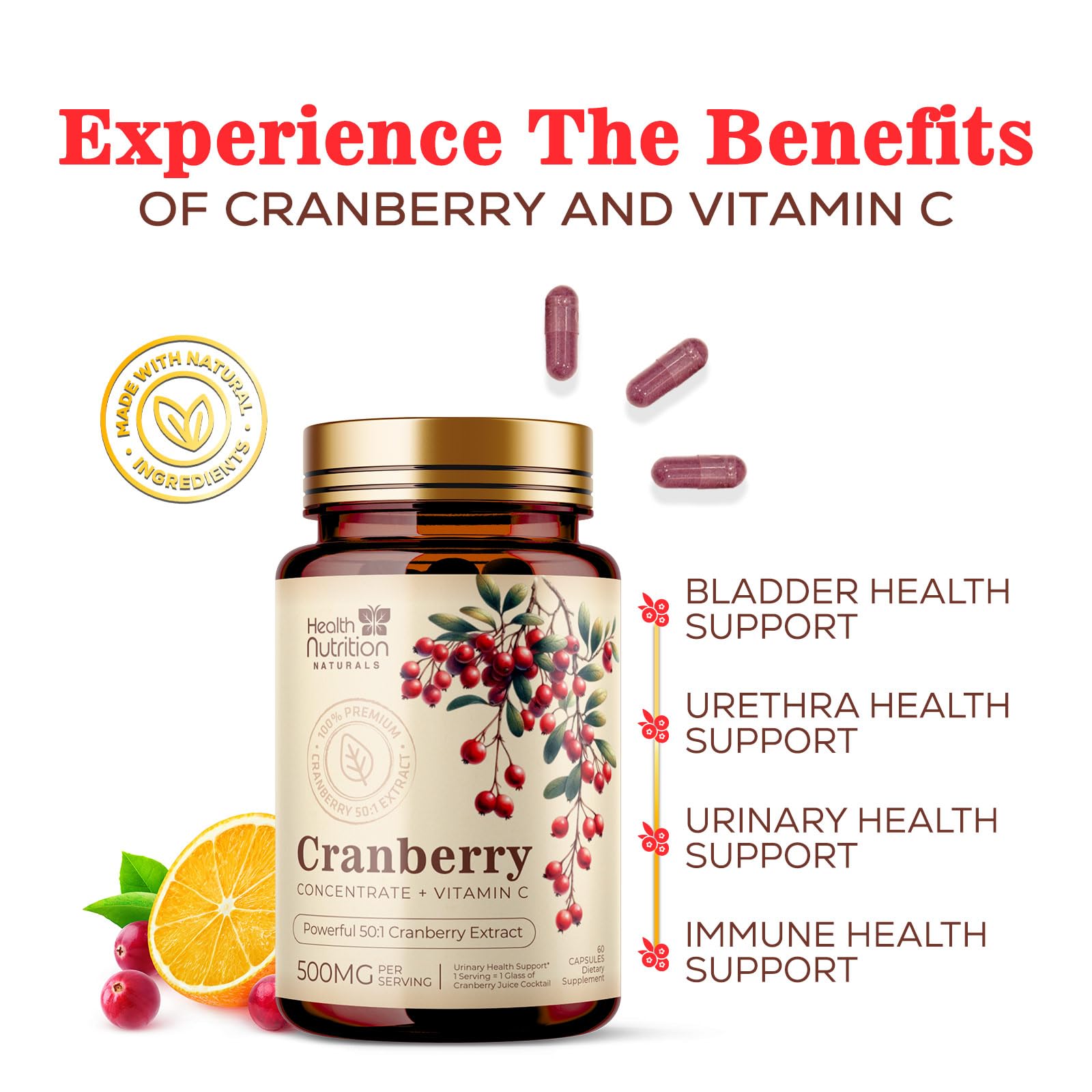 Health Nutrition Naturals Cranberry Extract Capsules with measuring spoon