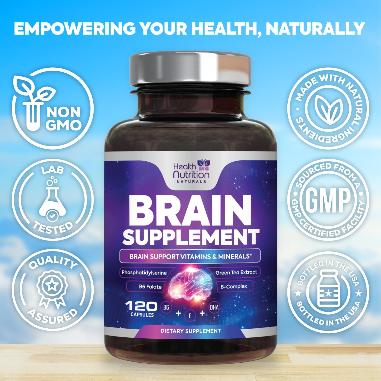 Health Nutrition Naturals DMAE Brain Supplement capsules on a table