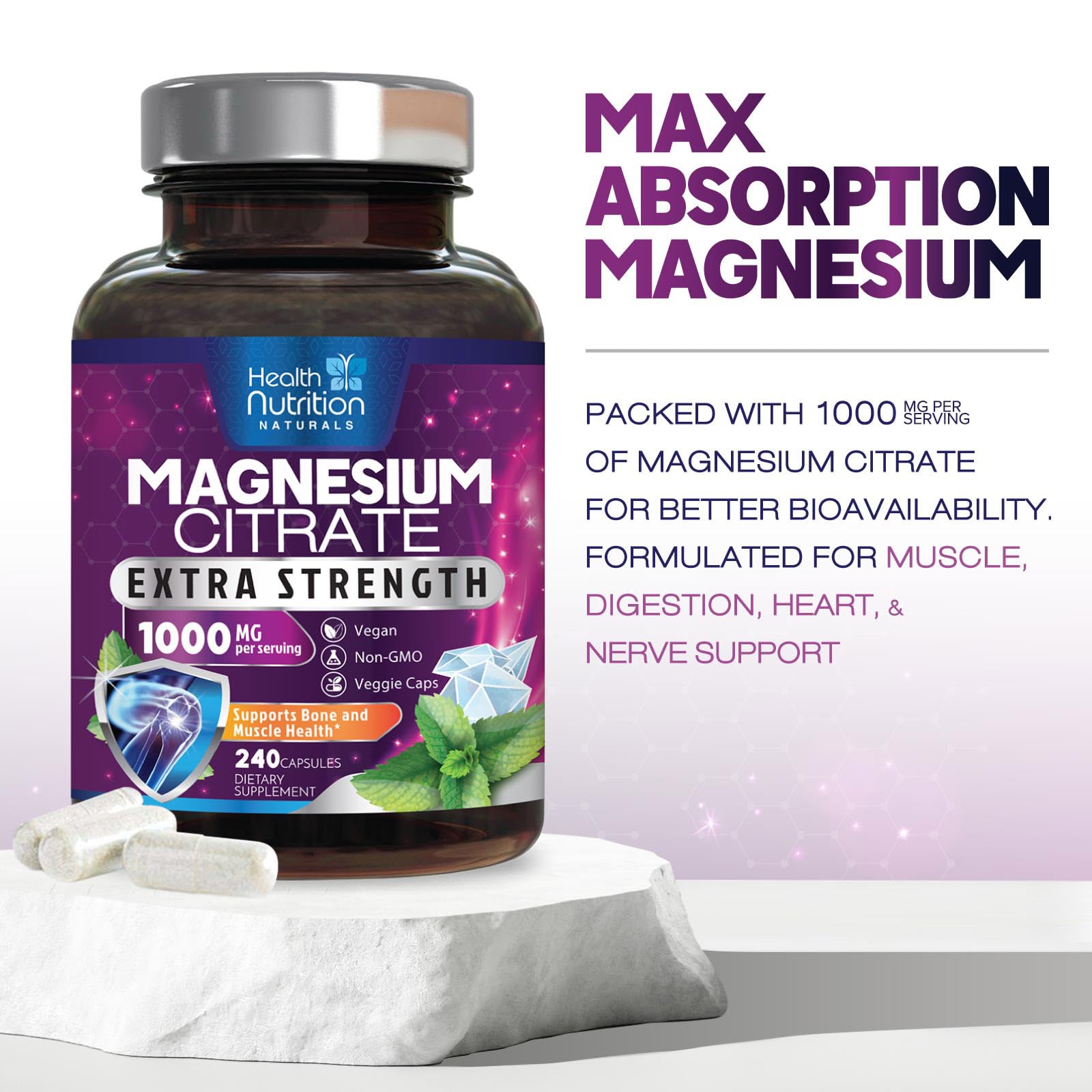 Health Nutrition Naturals Magnesium Citrate Capsules on a wooden table