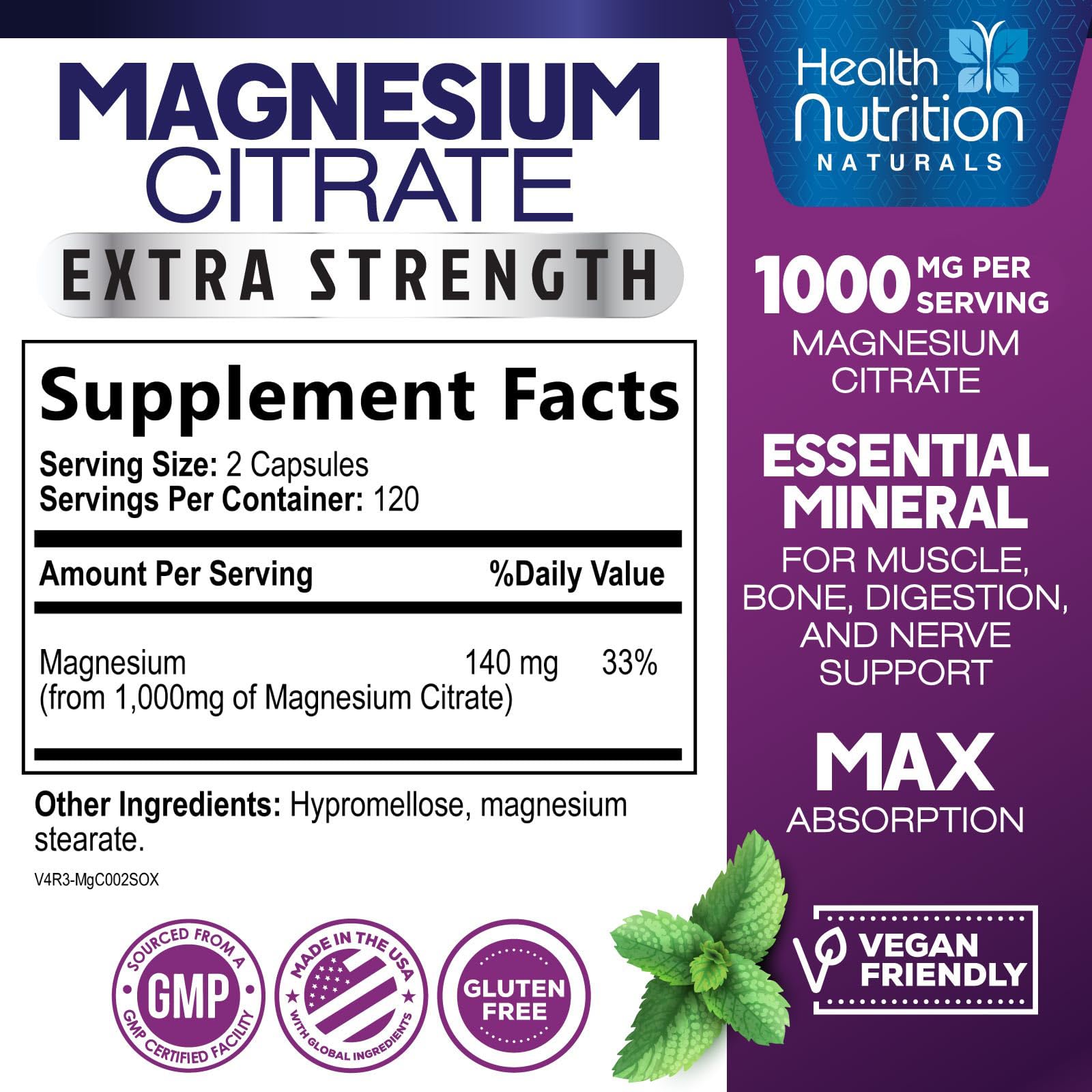 Health Nutrition Naturals Magnesium Citrate Capsules side view