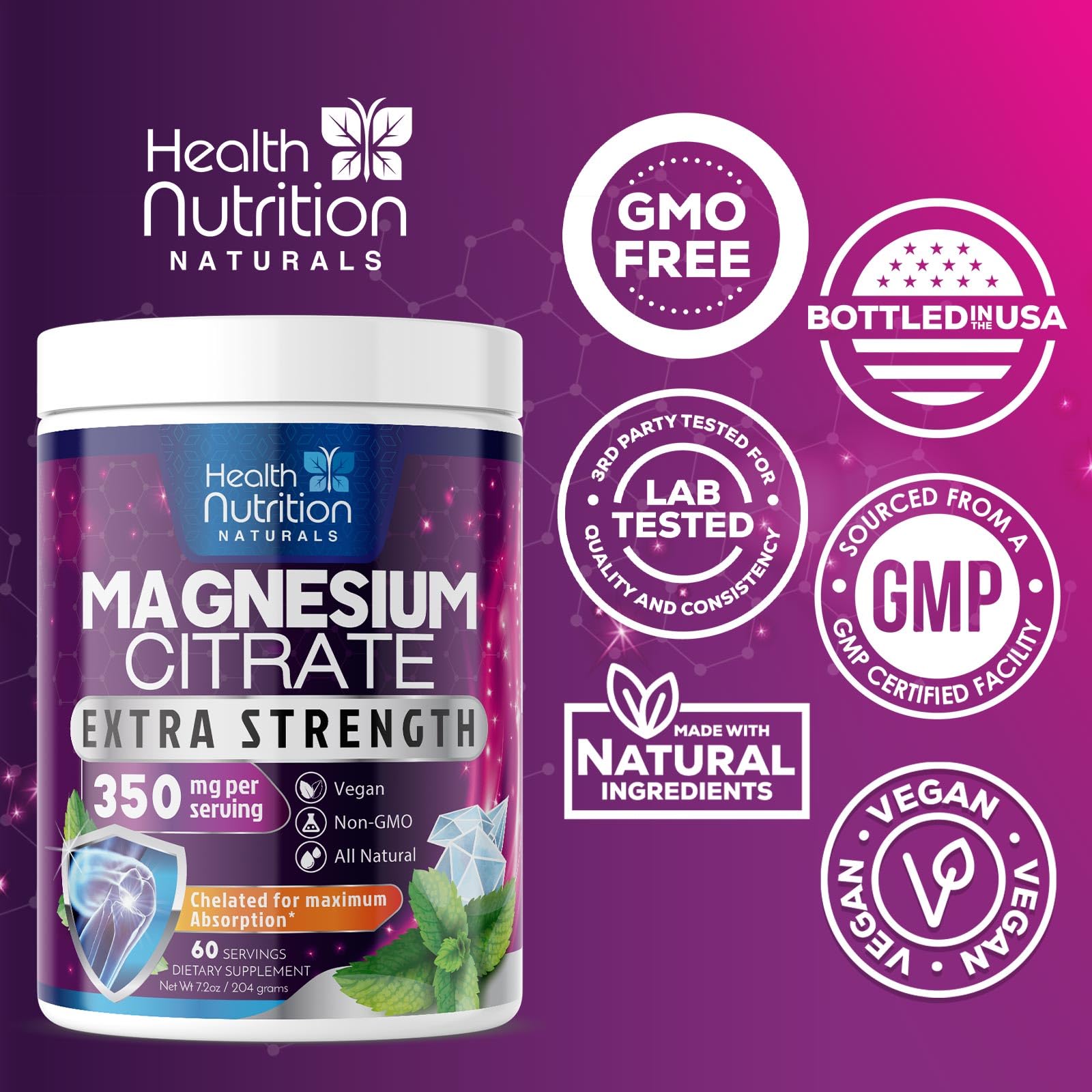 Health Nutrition Naturals Magnesium Citrate Powder in a glass of water