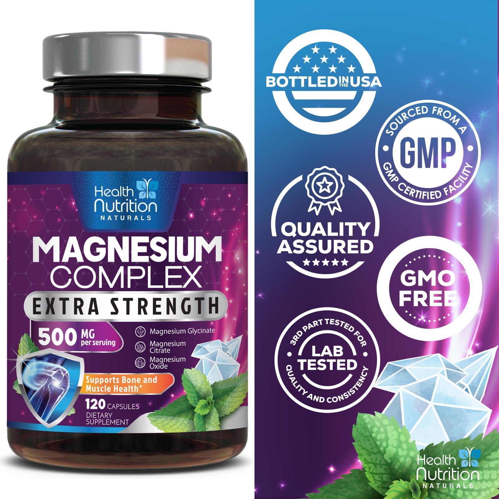 Health Nutrition Naturals Magnesium Complex 500mg capsules on a wooden table