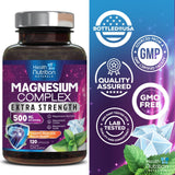 Health Nutrition Naturals Magnesium Complex 500mg capsules on a wooden table