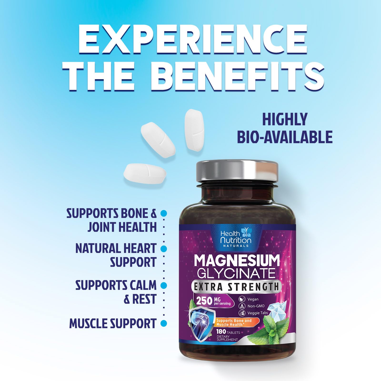 Health Nutrition Naturals Magnesium Glycinate 250mg label close-up