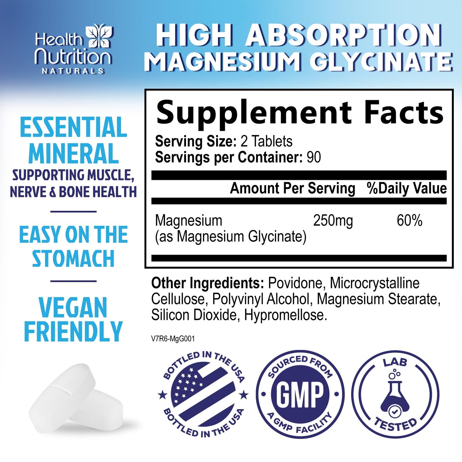 Health Nutrition Naturals Magnesium Glycinate 250mg side view