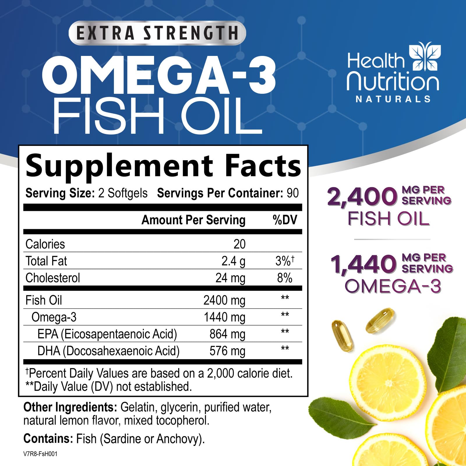 Health Nutrition Naturals Omega 3 Fish Oil 2400mg side view