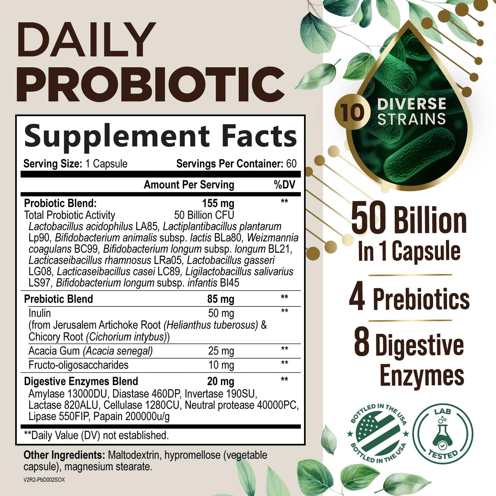 Health Nutrition Naturals Probiotic Capsules side view showing dosage