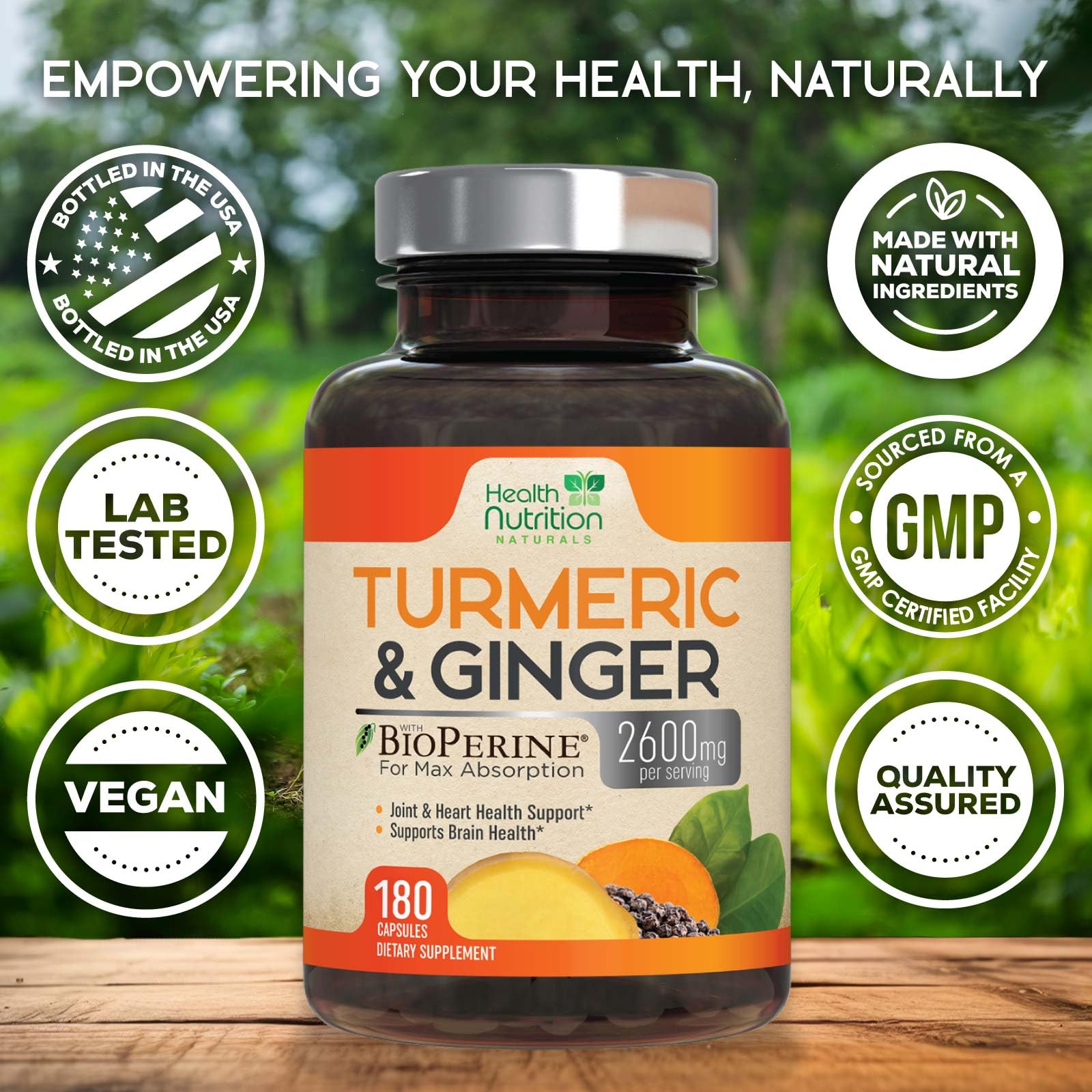 Health Nutrition Naturals Turmeric Curcumin Complex 2200mg capsules on a wooden surface