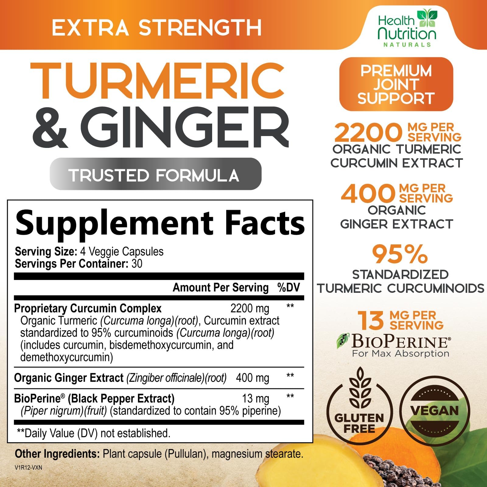 Health Nutrition Naturals Turmeric Curcumin Complex 2200mg side view