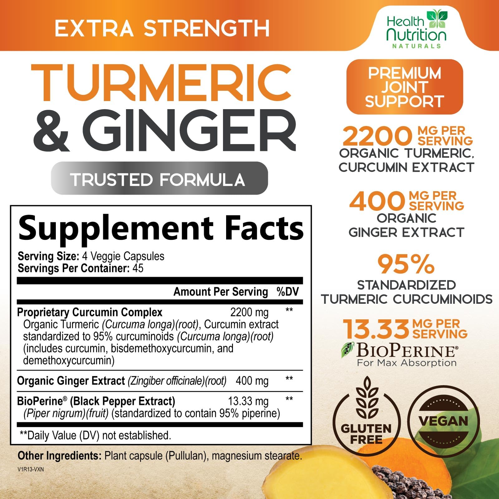 Health Nutrition Naturals Turmeric Curcumin Complex 2200mg side view