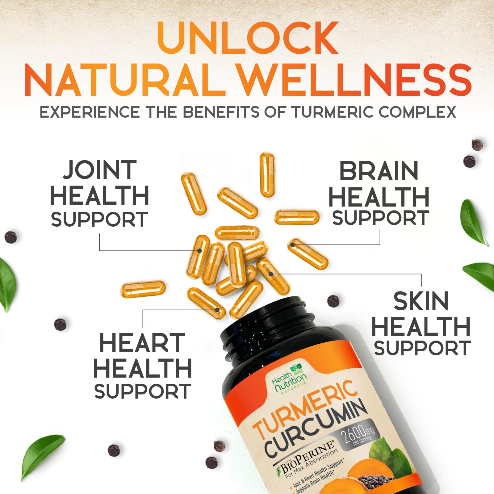 Health Nutrition Naturals Turmeric Curcumin Supplement 2600mg capsules close-up