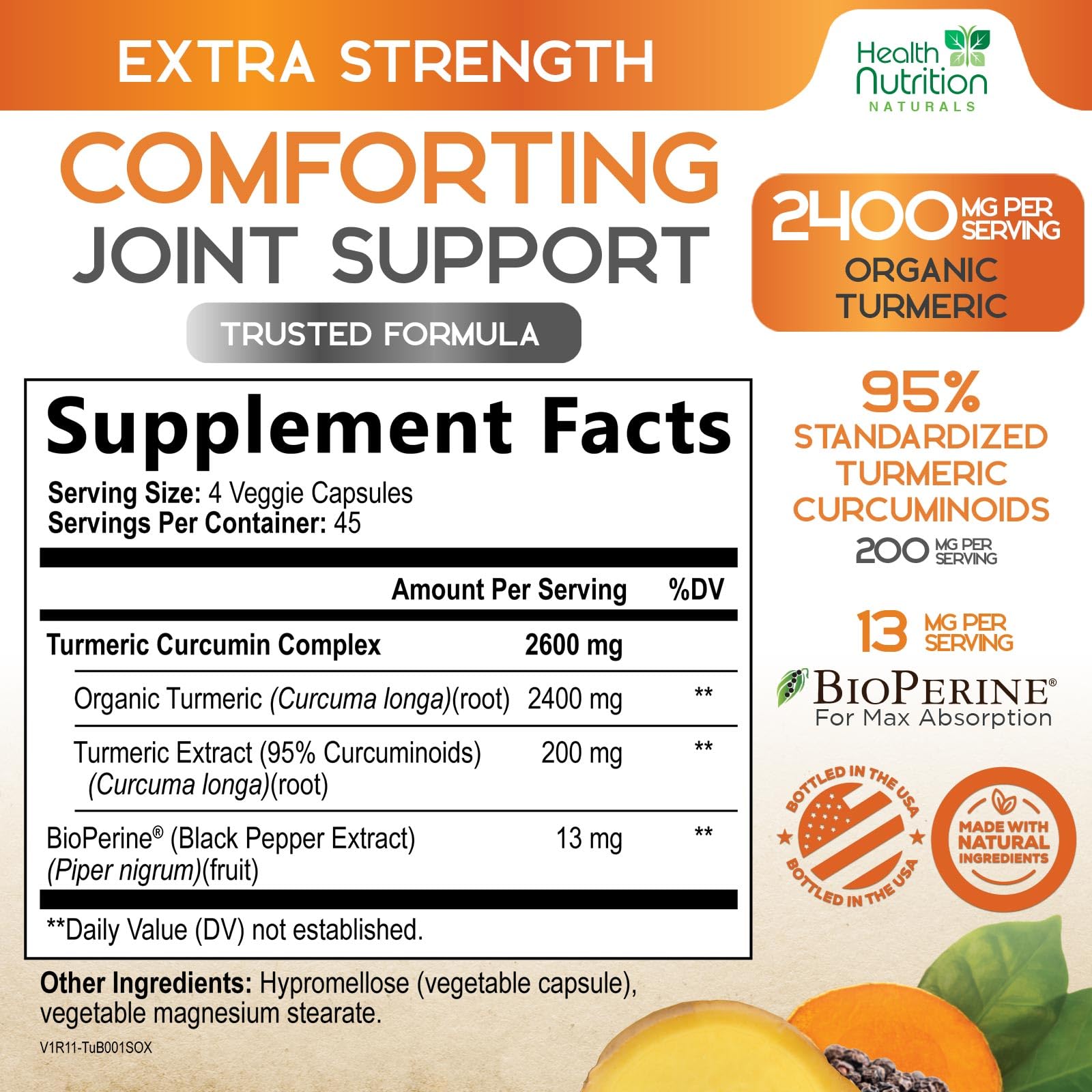 Health Nutrition Naturals Turmeric Curcumin Supplement 2600mg side view