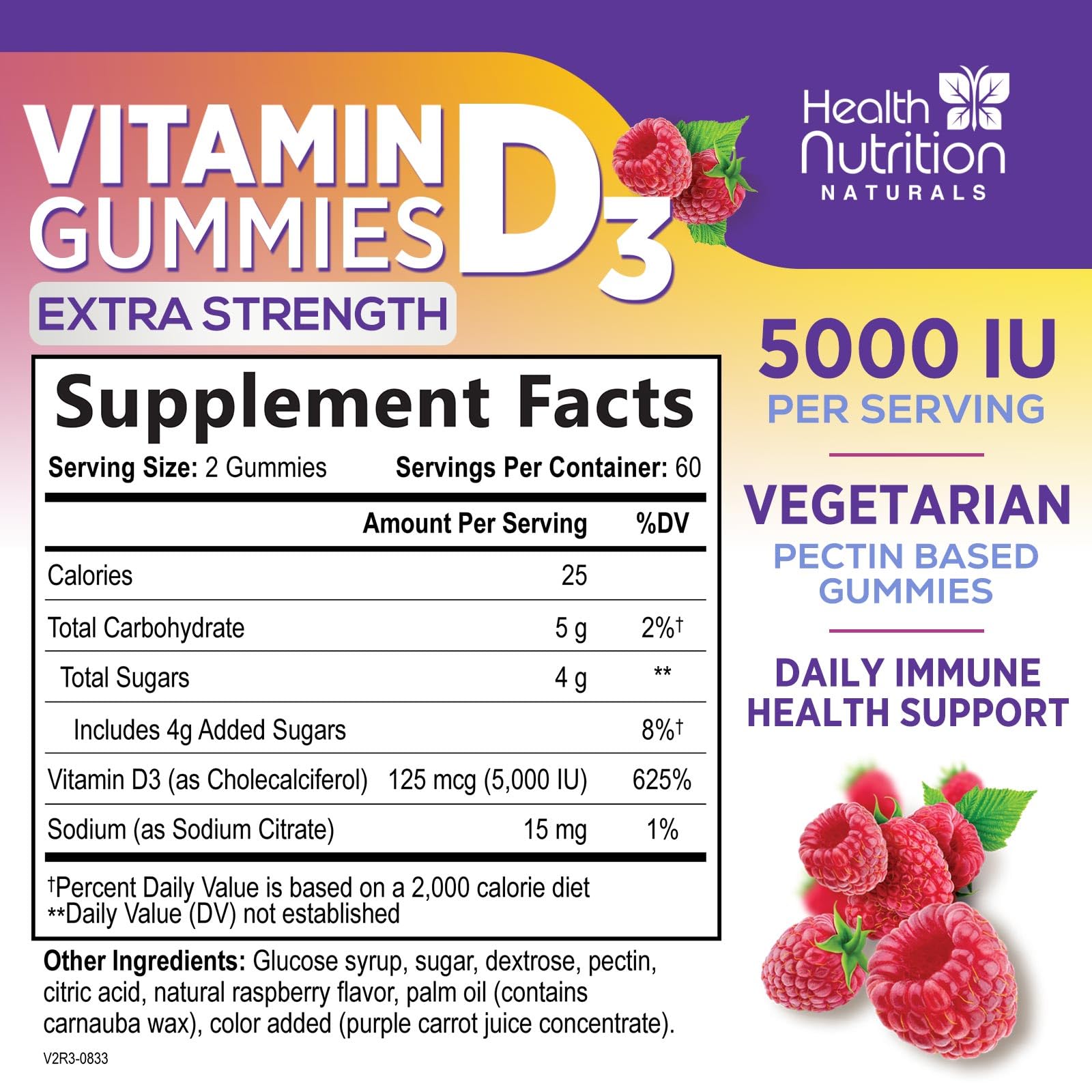 Health Nutrition Naturals Vitamin D3 Gummies raspberry flavour close-up