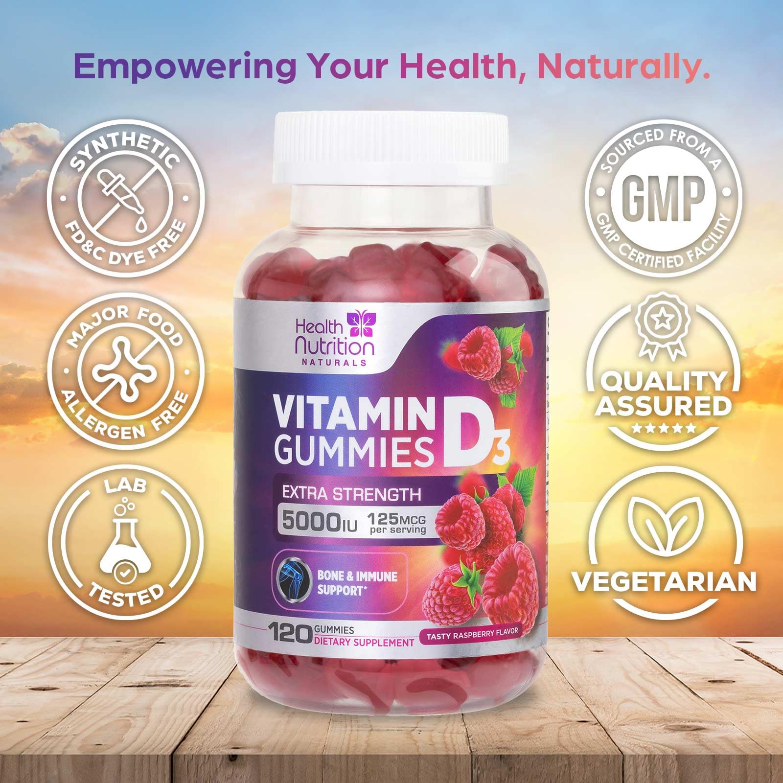 Health Nutrition Naturals Vitamin D3 Gummies side view of bottle