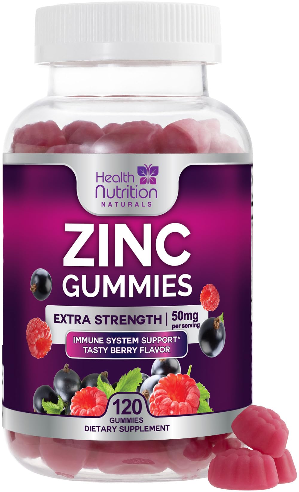 Health Nutrition Naturals Zinc Gummies front view with berry flavour