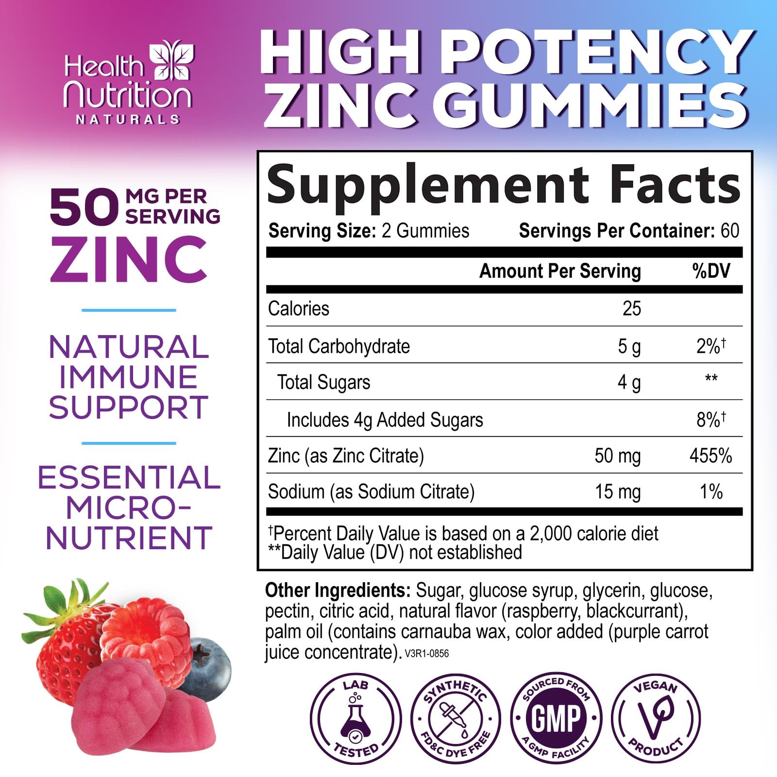Health Nutrition Naturals Zinc Gummies packaging side view