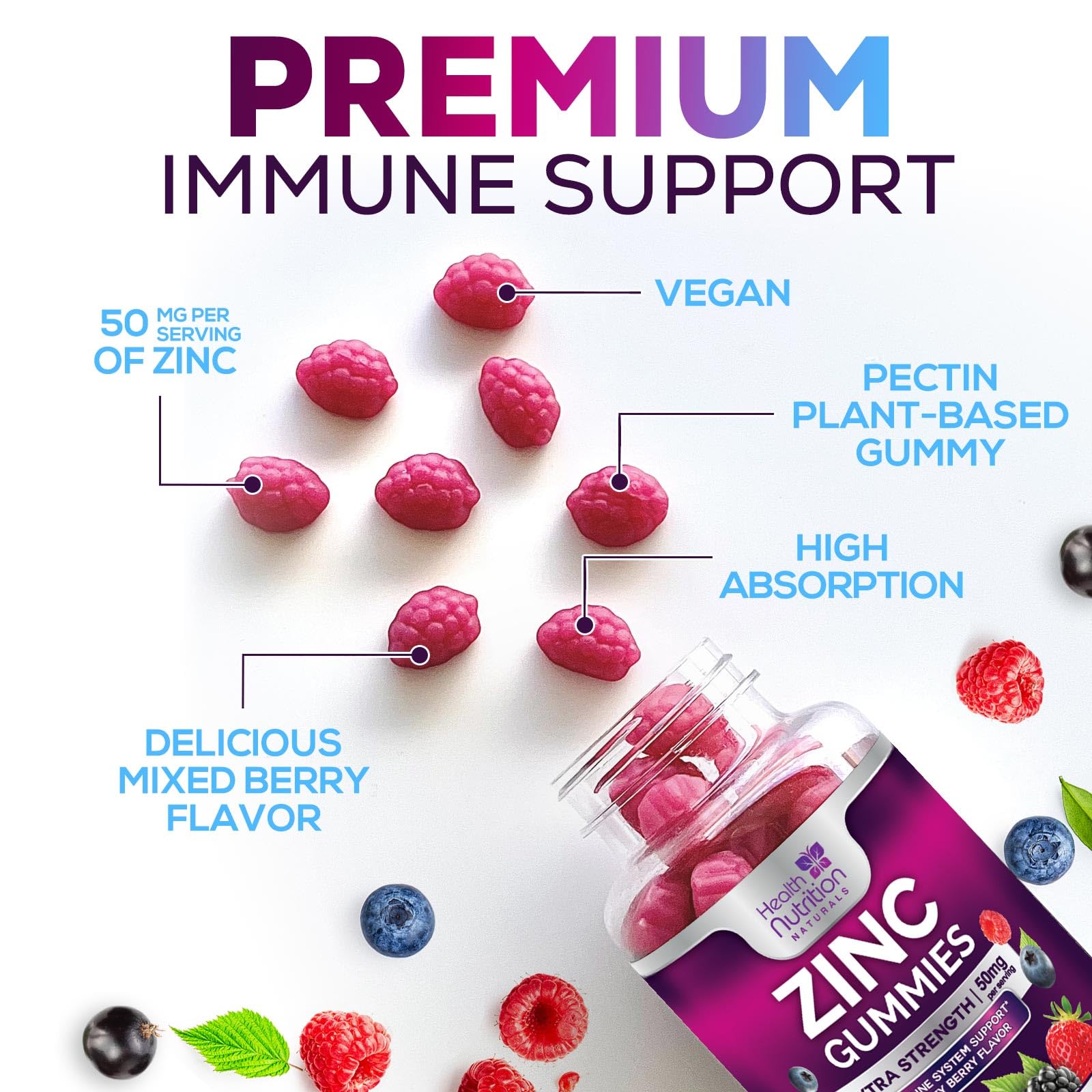 Health Nutrition Naturals Zinc Gummies with fresh berries