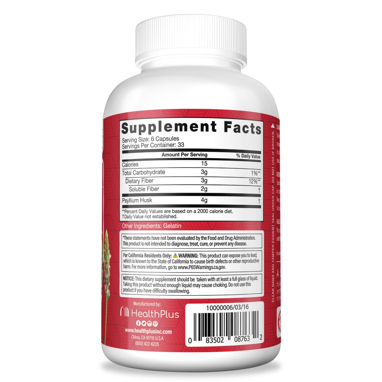 Health Plus Colon Cleanse Psyllium Husk 200 Capsules side view