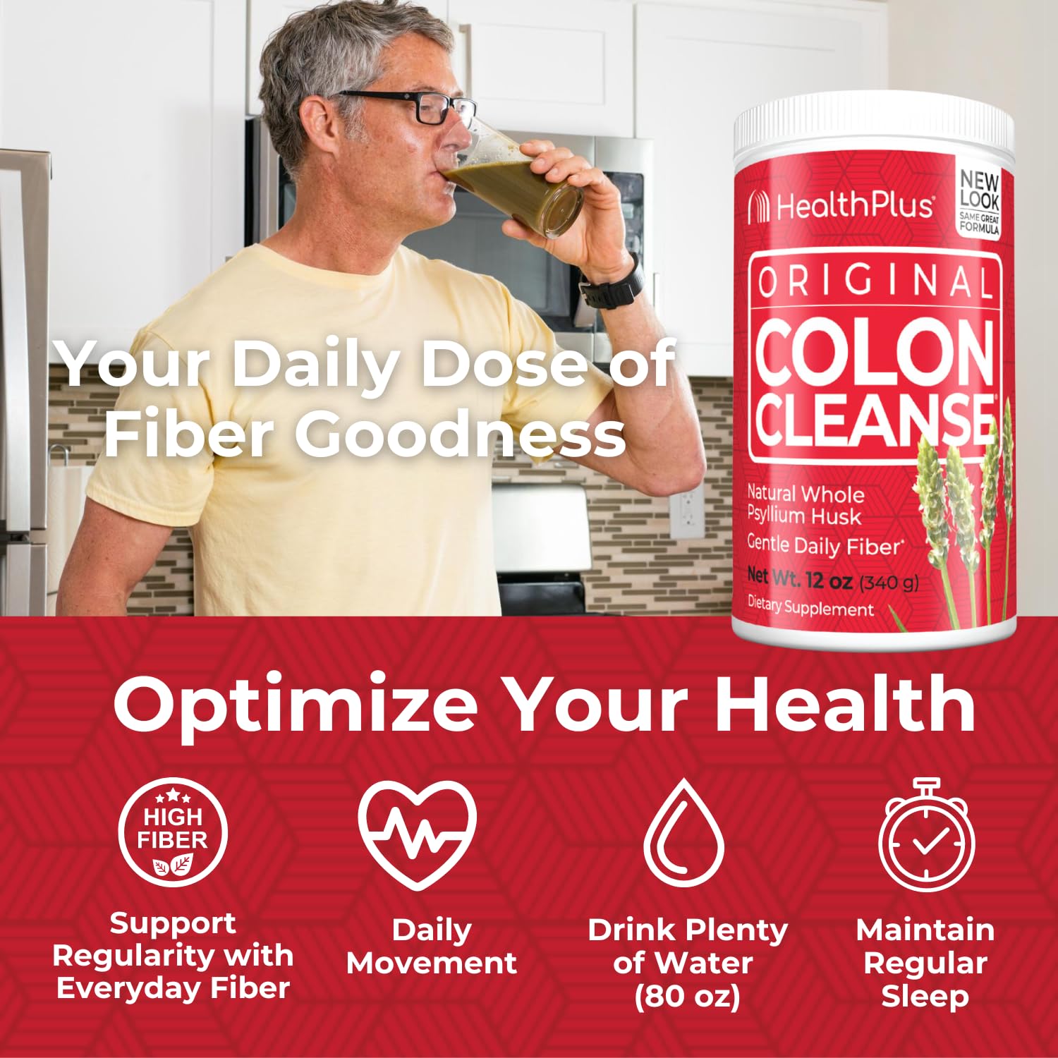 Health Plus Colon Cleanse Psyllium Husk Powder in a glass of water
