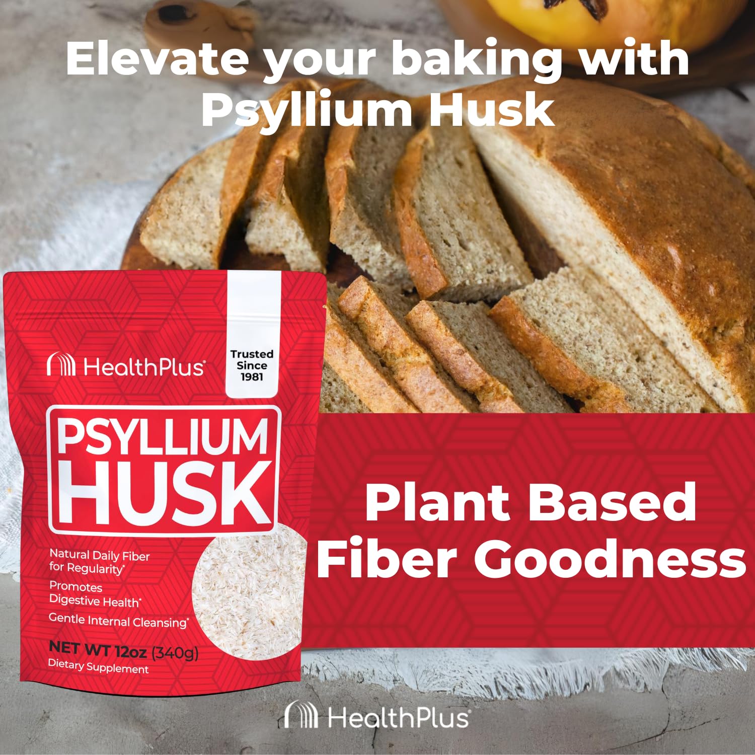 Health Plus Psyllium Husk 272g on a kitchen countertop