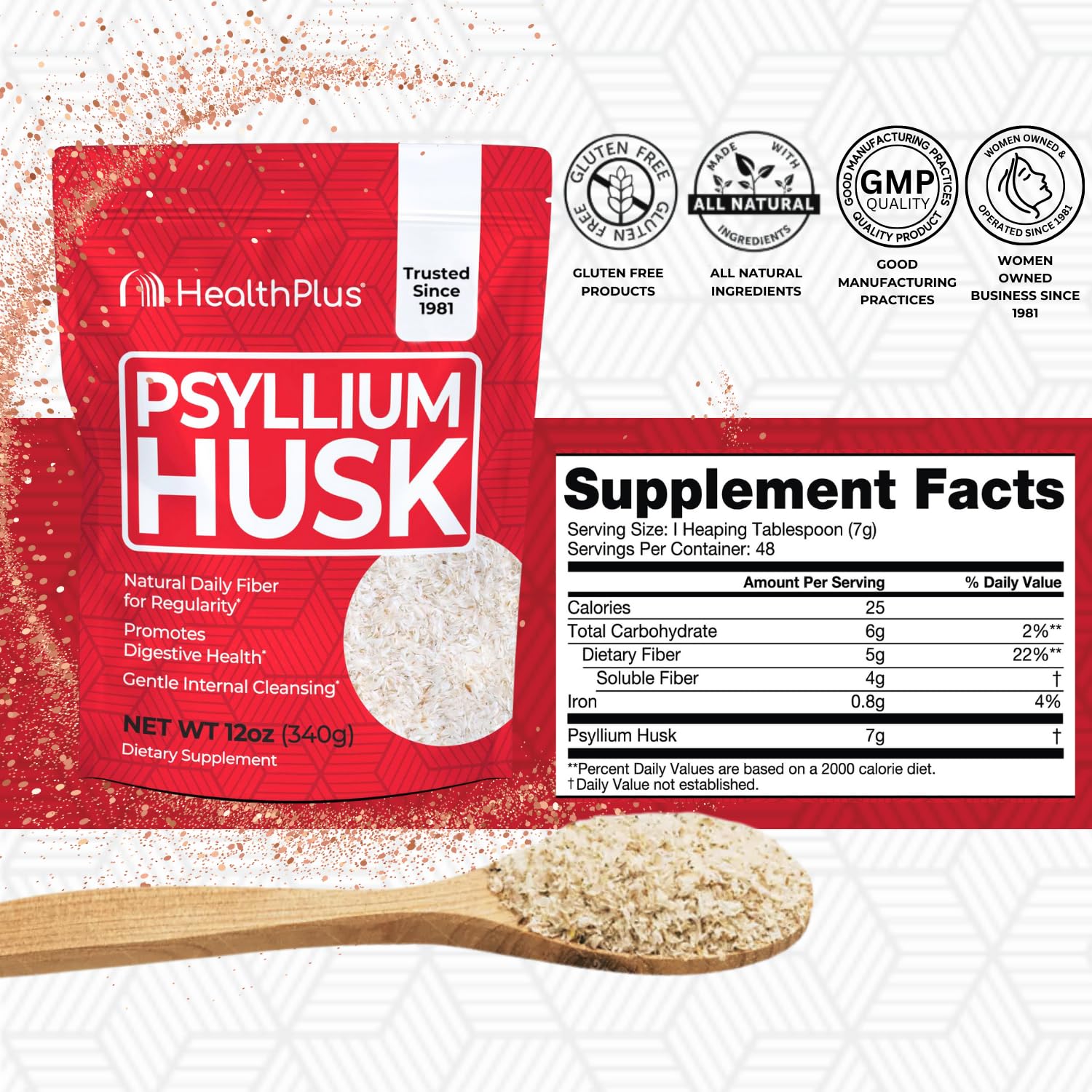 Health Plus Psyllium Husk 272g side view with ingredients list