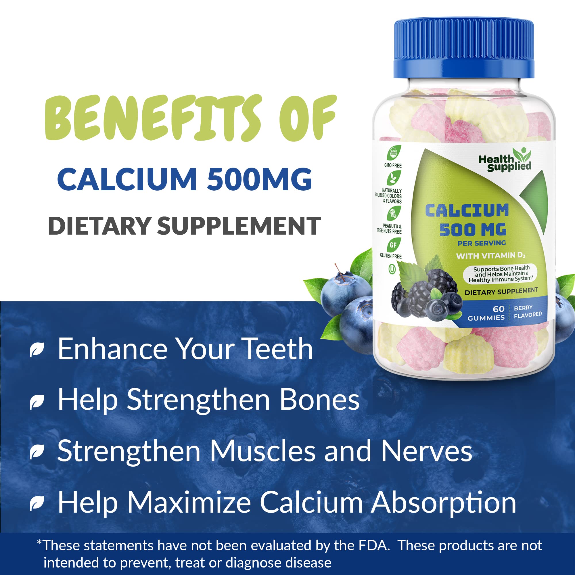 Health Supplied Calcium Gummies displayed with fresh berries