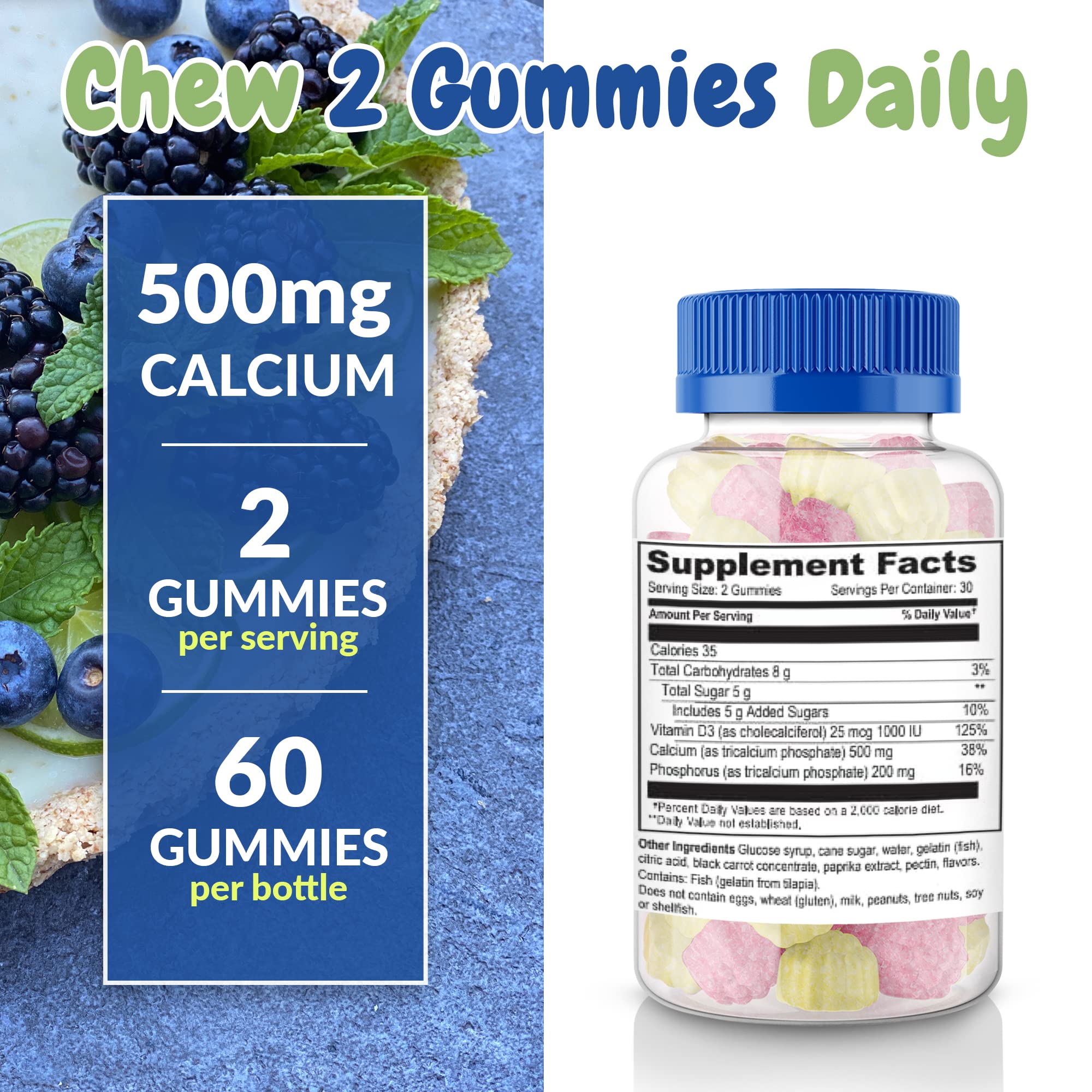 Health Supplied Calcium Gummies on a wooden table with a glass of water