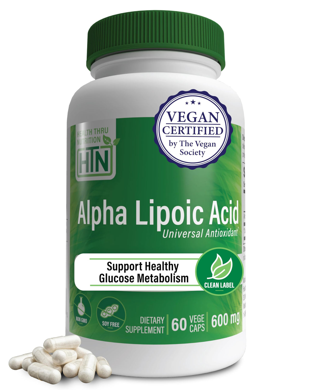 Health Thru Nutrition Alpha Lipoic Acid 600mg capsule bottle front view