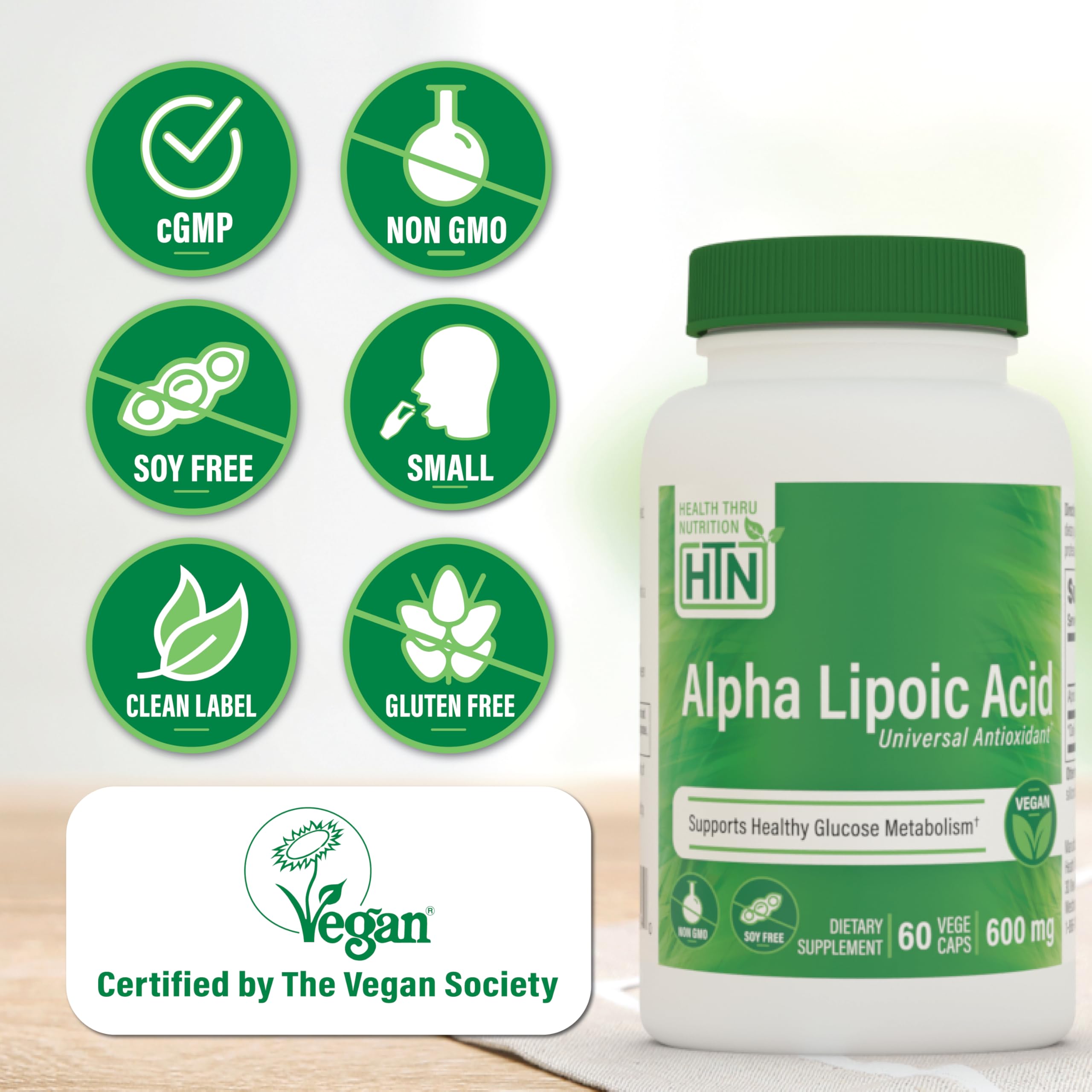 Health Thru Nutrition Alpha Lipoic Acid 600mg capsules close-up