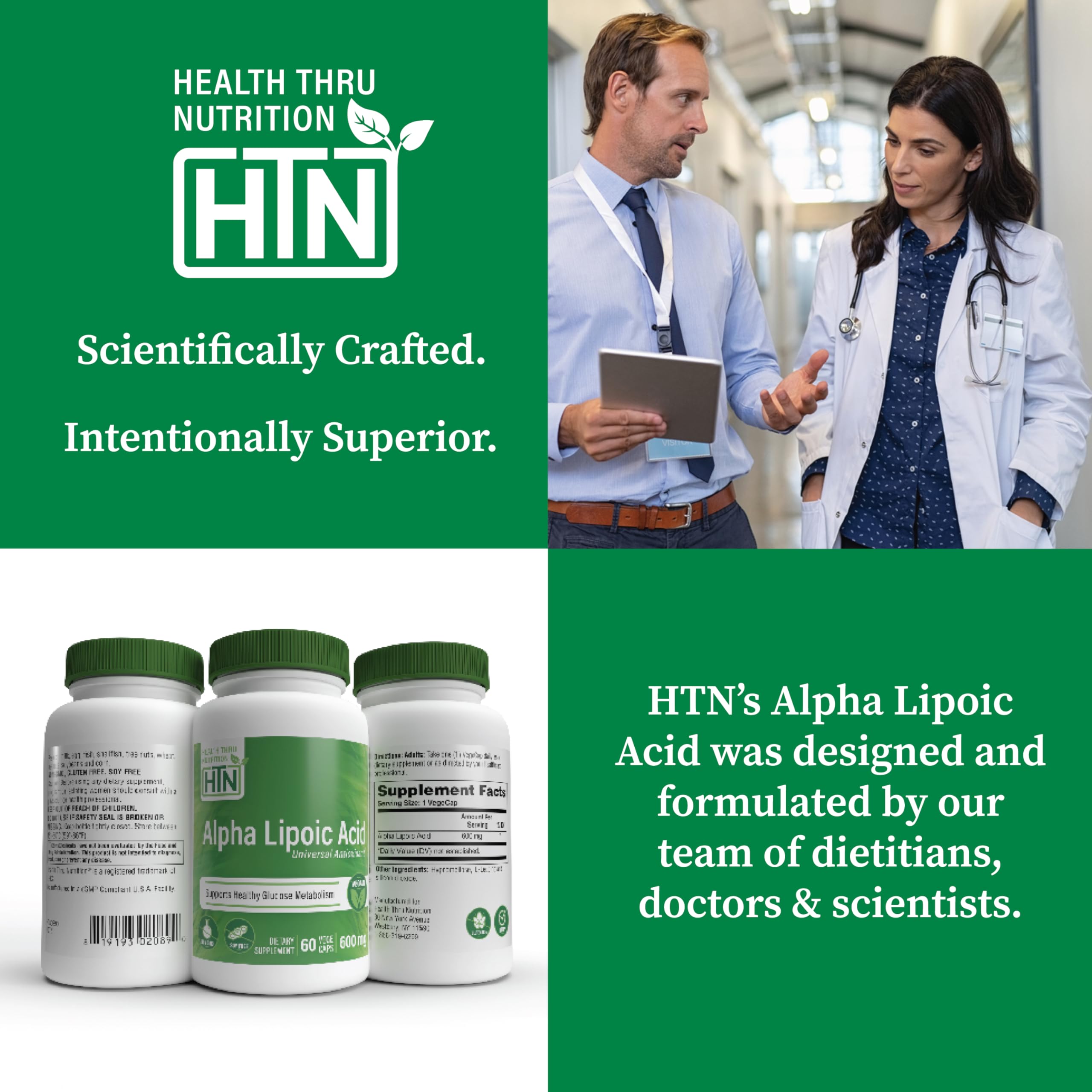 Health Thru Nutrition Alpha Lipoic Acid capsules on a wooden table