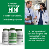 Health Thru Nutrition Alpha Lipoic Acid capsules on a wooden table
